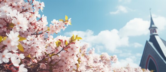 Wall Mural - Toned copy space image of the church s upper part against a background of blue sky and blooming spring blossoms