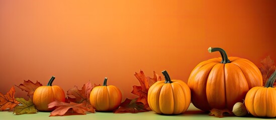 Poster - Fall themed background with pumpkins and maple leaves providing ample space for additional content Exemplifying the spirit of Halloween or Thanksgiving the image showcases pumpkins on an orange backd