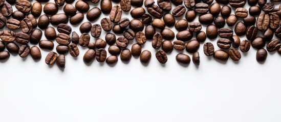 Wall Mural - A top view of coffee beans placed on a white surface creating an ideal copy space image