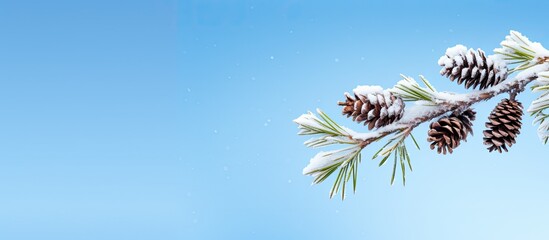 Poster - A snowy Christmas tree branch adorned with pine cones set against a light blue backdrop and accompanied by ample copy space for additional content