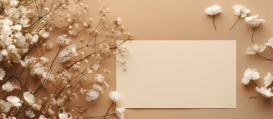 Fototapete - A top down view of a greeting card mockup placed on a beige background accompanied by an envelope dried gypsophila flowers twigs and ample copy space for text placement