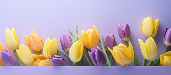 Fototapete - A copy space image showcasing a vibrant backdrop filled with yellow and violet tulip bouquets