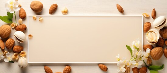 Aufkleber - A top down copy space image of a beige table with an almond frame showcasing healthy food