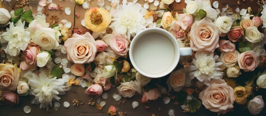 Aufkleber - A copy space image of vintage cup filled with white wedding roses resting on wood background and surrounded by scattered floral petals