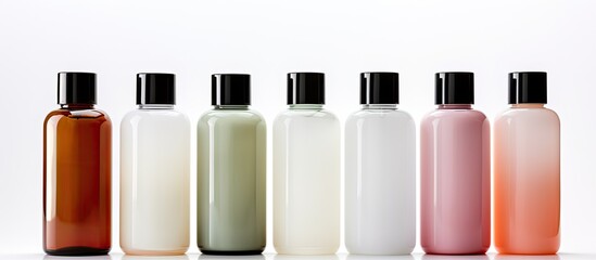 Poster - A set of cosmetic bottles with cleaning pads isolated on a white background creating ample copy space in the image