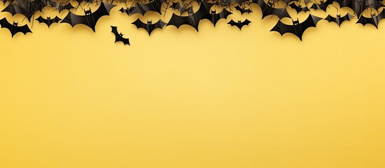 Sticker - A top view image of a Halloween banner featuring black paper bats on a yellow and white background with a horizontal orientation and plenty of copy space