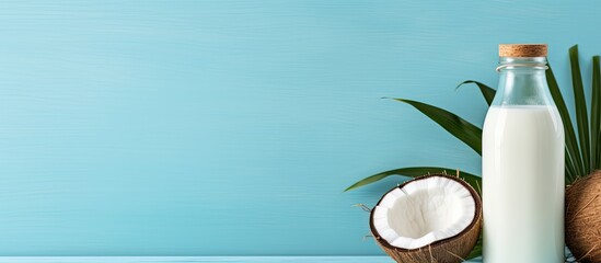 Aufkleber - A front view of a healthy vegan milk bottle placed on a wooden plate with half coconuts a palm branch and a blue background Perfect for use as a copy space image