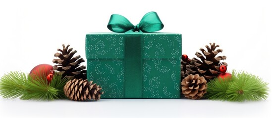 Poster - A festive green gift box with Christmas holiday elements is displayed on a white background adorned with pine cone decorations Ideal for use as a copy space image 147 characters