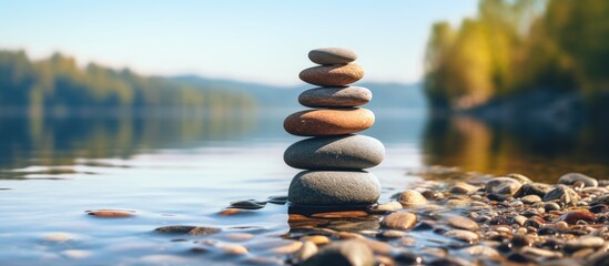 Poster - Pebble tower on the river features a stone structure and a blurred background creating a serene and picturesque scene for a copy space image