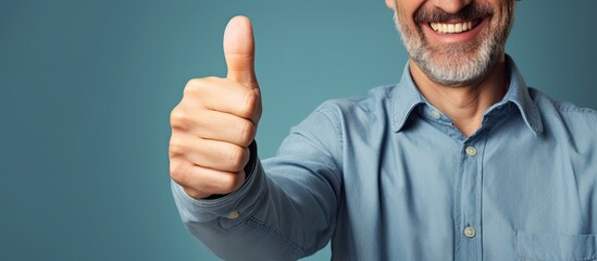 Canvas Print - Positive mature man gesturing thumb up and smiling at the camera in a copy space image portraying joyfulness concept