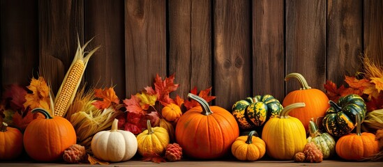 Sticker - Copy space image of the fall harvest featuring pumpkins squash and a wooden background with toning