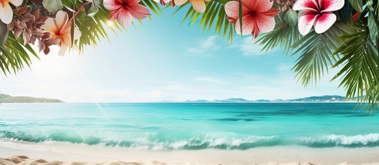 Canvas Print - A summer invitation card banner or background with a tropical vibe featuring a mesmerizing blue sea sandy beach vibrant palm leaves and beautiful flowers all with plenty of copy space for customizati