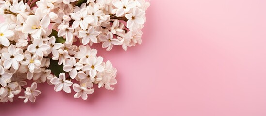 Aufkleber - A top view of a beautiful bouquet of delicate white flowers resting on a pink background with plenty of space for text or other elements. Creative banner. Copyspace image