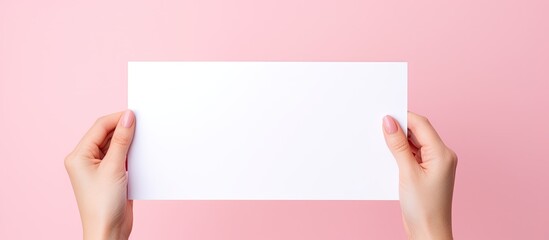 Aufkleber - A close up image of a woman holding a pink blank paper against a white background The image offers ample free space and a ready to use area for inserting a text banner