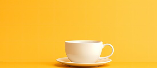 Aufkleber - A white cup and saucer are seen on a yellow background with plenty of copy space in the image