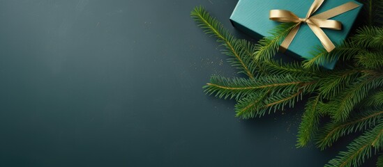 Poster - Top view composition of holiday gifts in a green box intertwined with ropes and a fresh fir tree branch on a festive background offering ample copy space for your message