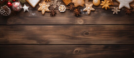 Aufkleber - A festive backdrop of wooden texture sets the stage for delightful Christmas cookies and a paper adorned with a letter all with plenty of space for customization. Creative banner. Copyspace image
