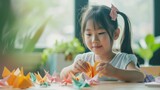 A little girl is enjoying her time making colorful paper cranes Fictional Character Created By Generative AI.