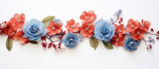 Leinwandbilder - Top view copy space image of a flat lay floral corner arrangement featuring begonia and small blue flowers isolated on a white background
