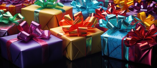 Poster - Holiday gifts with festive wrappings and colorful ribbons The copy space image showcases an array of carefully selected presents waiting to be opened with excitement and anticipation