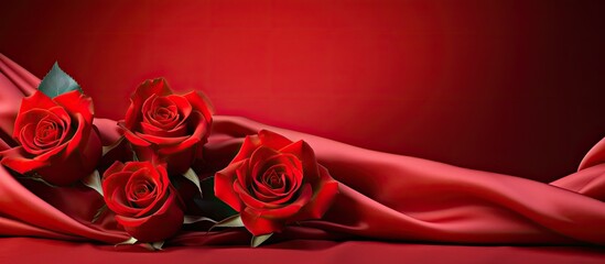 Poster - A beautiful arrangement of rose flowers on a red satin background with a delicate draping and ample empty space for additional imagery