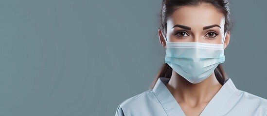 Poster - Copy space image of a young and attractive female doctor wearing a face mask is seen on a grey background presenting an advertising area