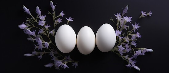 Wall Mural - A view from above shows three white Easter eggs resting on a dark background with lavender creating a visually appealing copy space image