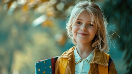 Sticker - Smiling Girl with Backpack Outdoors