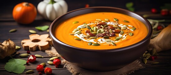 Aufkleber - A creamy flavorful soup made with roasted pumpkin carrots and topped with pumpkin seeds all in a beautiful copy space image