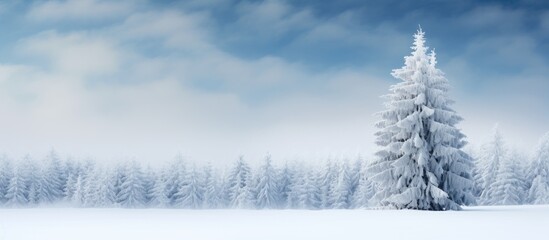 Poster - Winter sky provides a milky backdrop for a snow covered evergreen fir tree creating a captivating copy space image
