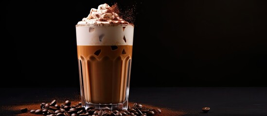 Leinwandbilder - A milk chocolate cocktail or whipped coffee with milk and ice adorned with cocoa powder on a contrasting background with ample space for text or other images