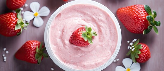 Poster - A top down close up view of homemade DIY cosmetics featuring a face mask made from strawberries and yogurt The image includes a blank card with copy space Toned