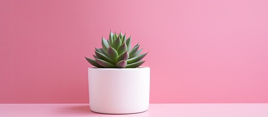 Poster - A small succulent plant is showcased in a white pot against a pink background creating a design concept with copy space for visuals