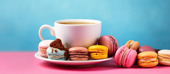 Poster - A copy space image featuring a vibrant assortment of colorful macaroons in shades of pink yellow and blue accompanied by a cup of coffee all set against a soft pink background 184 characters