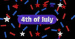 Image of 4th of july text and white, blue, red american stars and stripes on black background