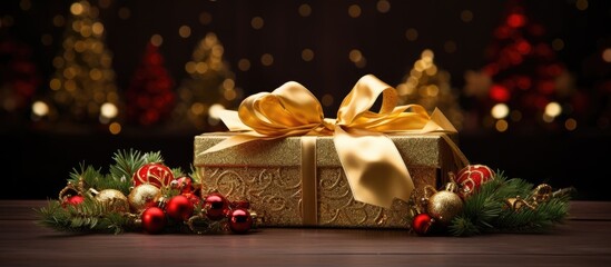 A gift for New Year s encased in a golden box embellished with bart Christmas tree branches and Christmas ornaments Adorned with a gold ribbon and festive decorations Perfect for the holiday season C