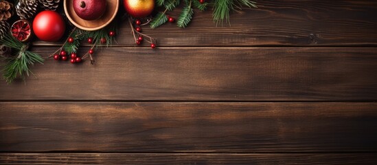 Wall Mural - Top view of a Christmas table place setting placed on a wooden background with ample copy space It creates a festive holiday ambiance