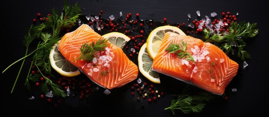 Sticker - An overhead shot of two salmon slices on a dark backdrop with lemon slices peppercorns and dill sprigs providing copy space image