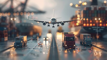 Wall Mural - Photo of an airplane, cargo ship and truck on the highway with containers in background. On the left side is a white plane parked at an airport runway, next to it there's a yellow semitruck carrying a