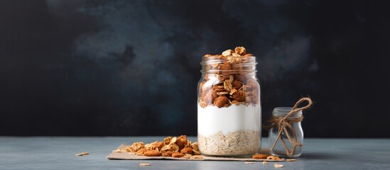 Wall Mural - A healthy breakfast option of homemade granola or oat flakes presented in a mason jar on a gray background with a napkin providing ample space for text or additional images