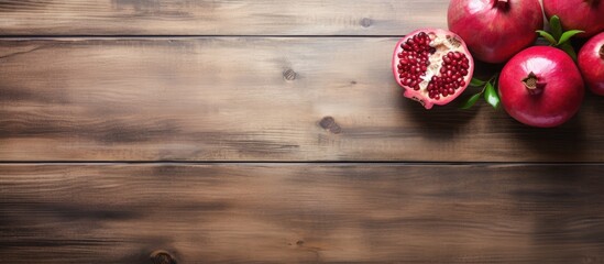 Poster - The wooden table is painted in a shabby style and a fresh pomegranate is placed on it in a top down view creating a copy space image