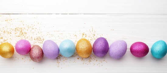 Fototapete - A top down view of Easter eggs coated in glitter nestled in a branch nest set against a white wooden backdrop The image offers copy space for text