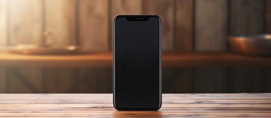 Poster - A black smartphone sits on a wooden table with ample copy space for images