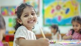 Young girl in a classroom setting, delighting in art class Fictional Character Created By Generative AI. 