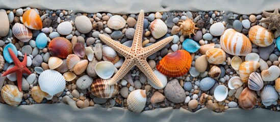 Aufkleber - A copy space image showcasing an assortment of pebbles various shells and starfish in the background