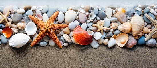 Aufkleber - A copy space image showcasing an assortment of pebbles various shells and starfish in the background