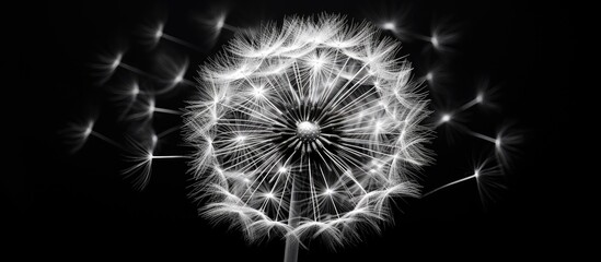 Aufkleber - A black and white closeup of a Dandelion flower on a black background creating a negative image with copy space