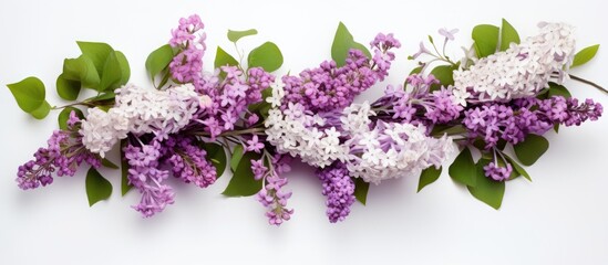 Leinwandbilder - Top view of a bouquet consisting of white and purple lilac flowers and hawthorn flowers arranged on a white background Suitable for use as a copy space image
