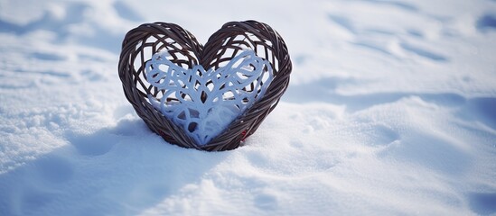 Poster - A copy space image of a heart shaped wicker decoration resting on a blanket of pristine snow