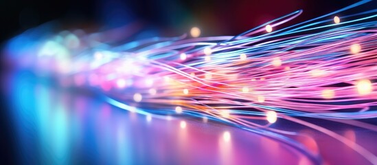 Aufkleber - Macro view of optical fiber strands transmitting colorful light with a blurred background leaving ample copy space for text